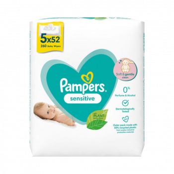 568408 Pampers Feuchttuecher Sensitive, 0 Prozent Parfuem und Alkohol, Nachfuellpackung, 5 x 52 Stueck